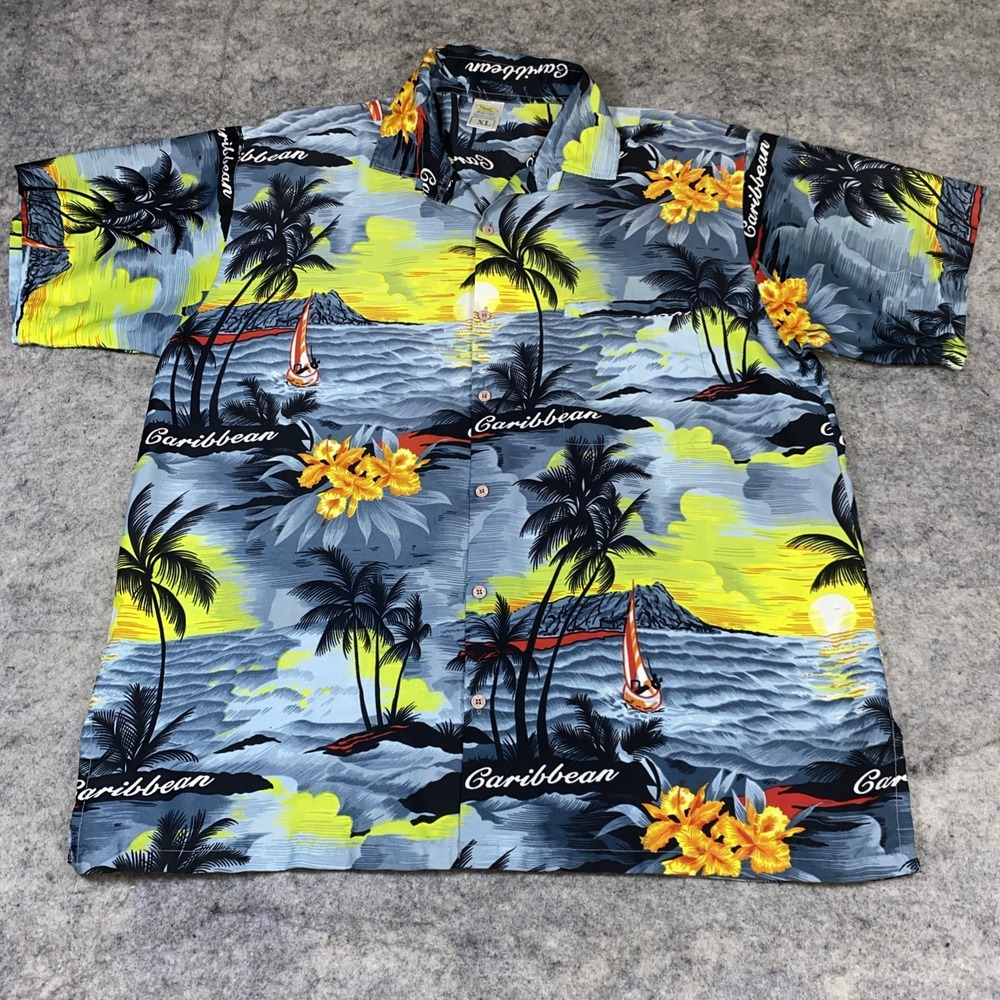 Rima Beachworld Men's Button XL‎ Shirt Caribbean Sailboat Sunset Silky Tropical